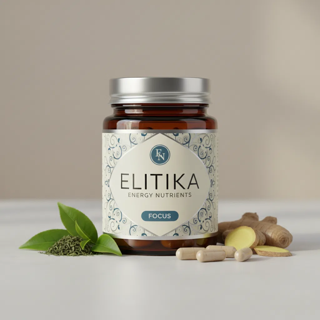 Elitika Energy Nutrients -purkki, 90 kapselia, lasisäiliö mustalla kannella